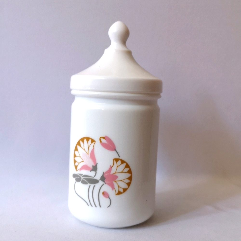 Vintage White Glass Apothecary Jar with Lid, Art Deco Fan Flower & Lilly Design